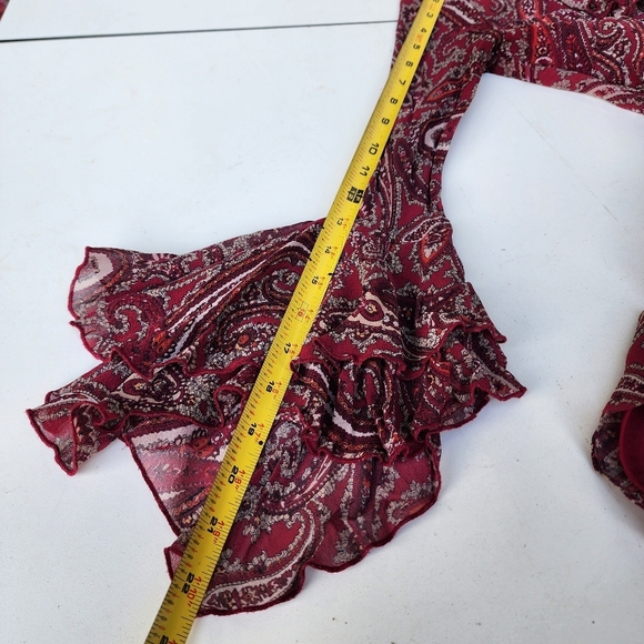 Express Red Paisley 100% silk Ruffle neck Flounch Sleeves Cinch Waist Dress 1/ 2 - Picture 14 of 14